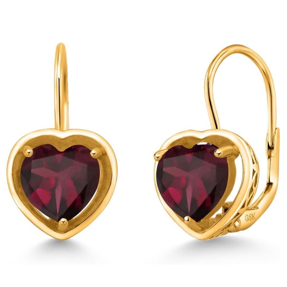 18K Yellow Gold 925 with 3.00 Cttw 7MM Rhodolite Garnet Heart Leverback Earrings